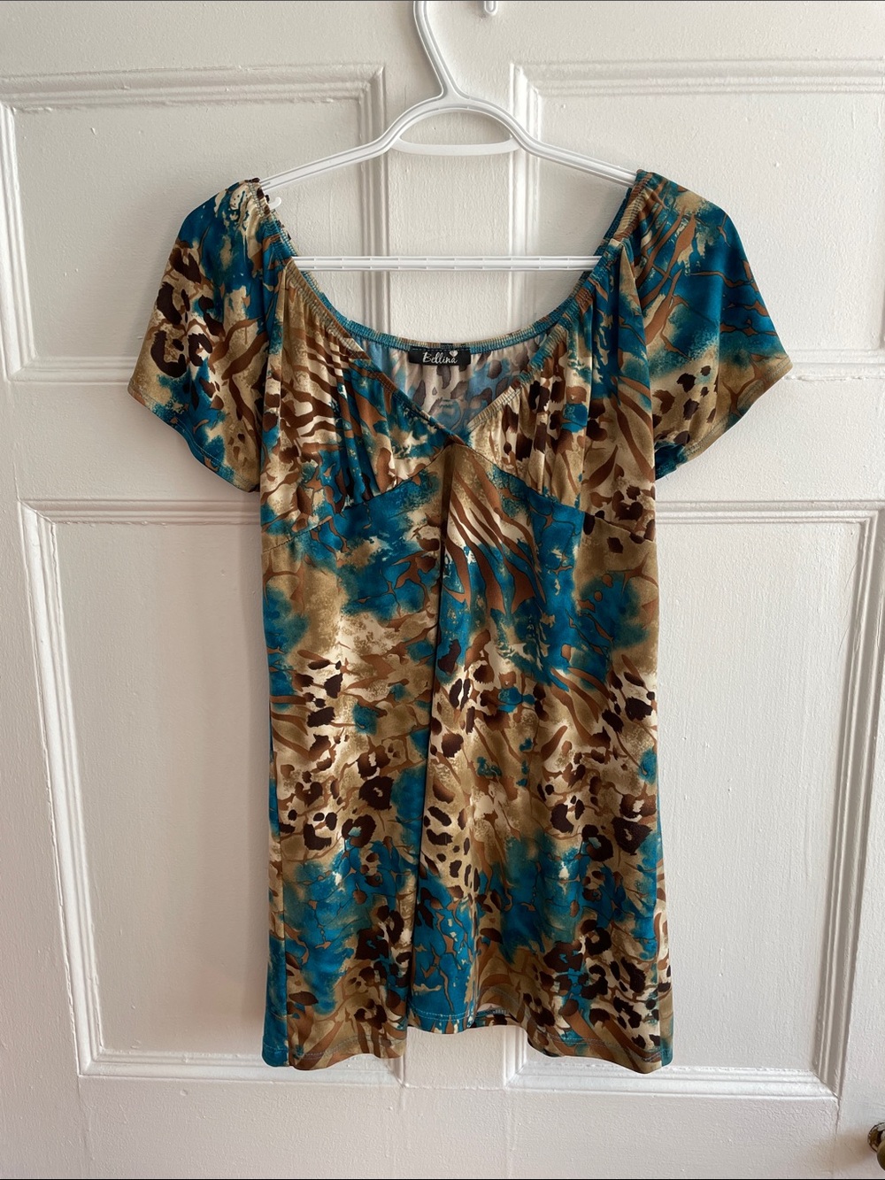 Bellina | Babydoll Teal and Brown Leopard Top